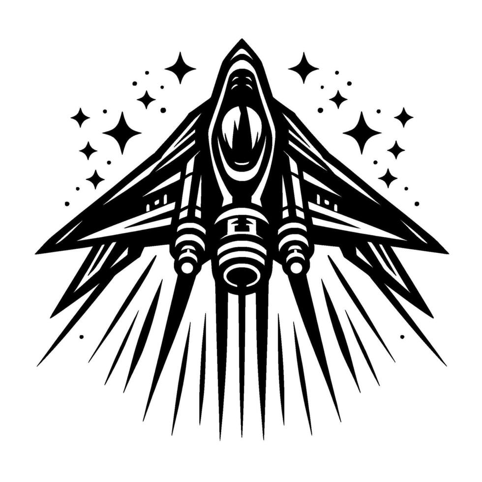 Bold Monochrome Illustration of Futuristic Spacecraft Soaring Amidst Stars, Evoking Cosmic Adventure and Technological Marvel. vector
