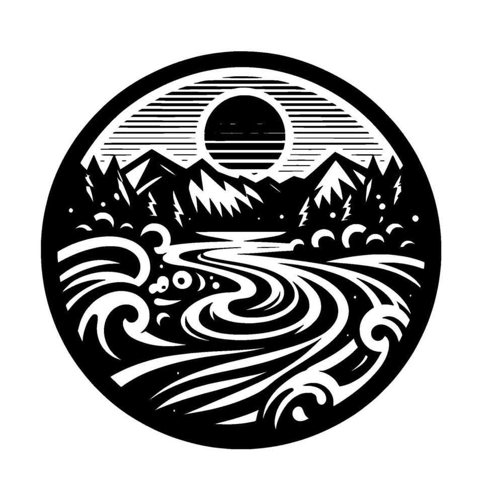 Black and White Circular Illustration of Mountainous Landscape Featuring River, Sun, and Forest Elements. Minimalist . vector