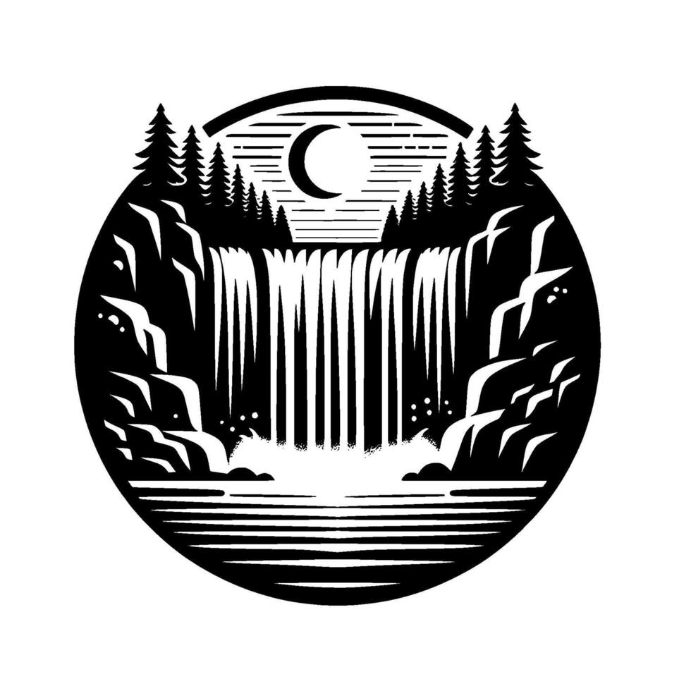 Black and white circular illustration of a serene waterfall, surrounded by trees, rocks, and a crescent moon in the night sky. vector