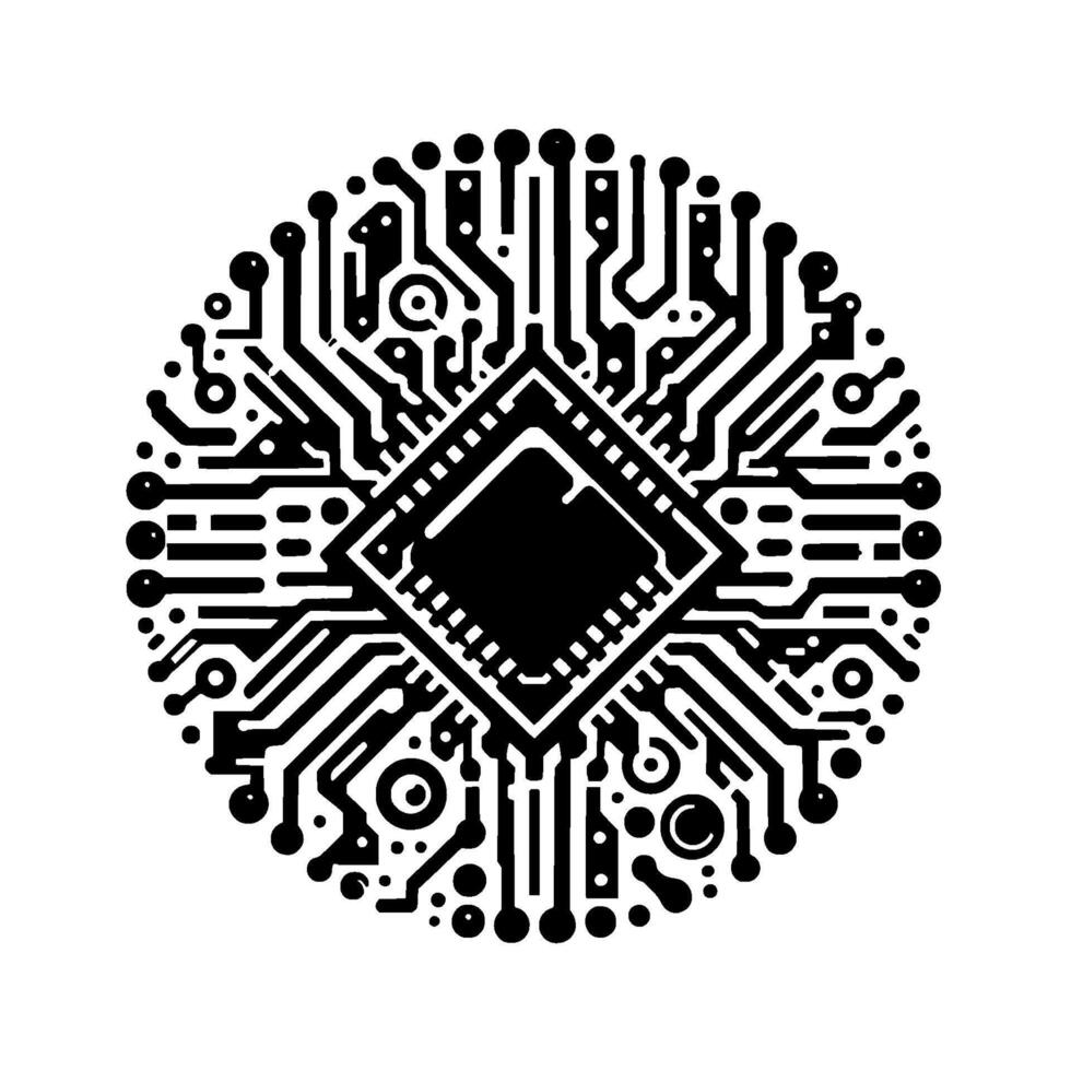 Minimalist Black and White Circular Circuit Board Featuring a Central Processor with Connected Components. vector