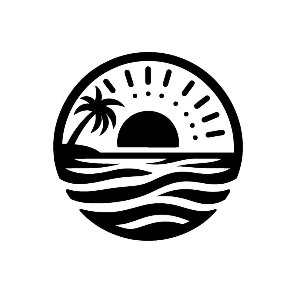 Minimalist circular featuring a silhouetted palm tree, sun rising over ocean waves, and a stylized beach scene in black on white. vector