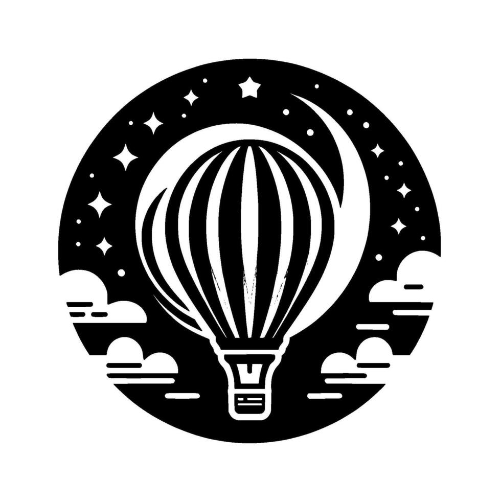 Silhouette of a hot air balloon rising amidst stars, clouds, and crescent moon, enclosed in a black circle. vector