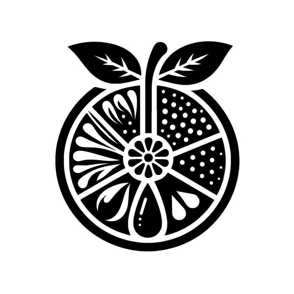 Stylized Black and White Citrus Slice Illustration A Bold, Geometric with Leafy Stem, Artistic Patterns, and Juice Drop vector