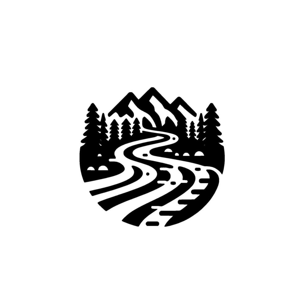 Serene Black and White Circular Depicting a Mountainous Landscape with a Flowing River, Forest, and Clean . vector