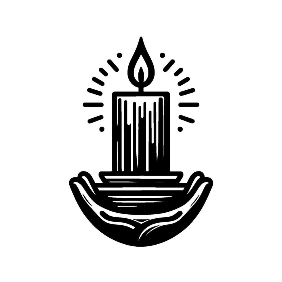 Symbolic black and white image of a lit candle held in cupped hands, radiating light, representing hope and faith on a minimalist background. vector