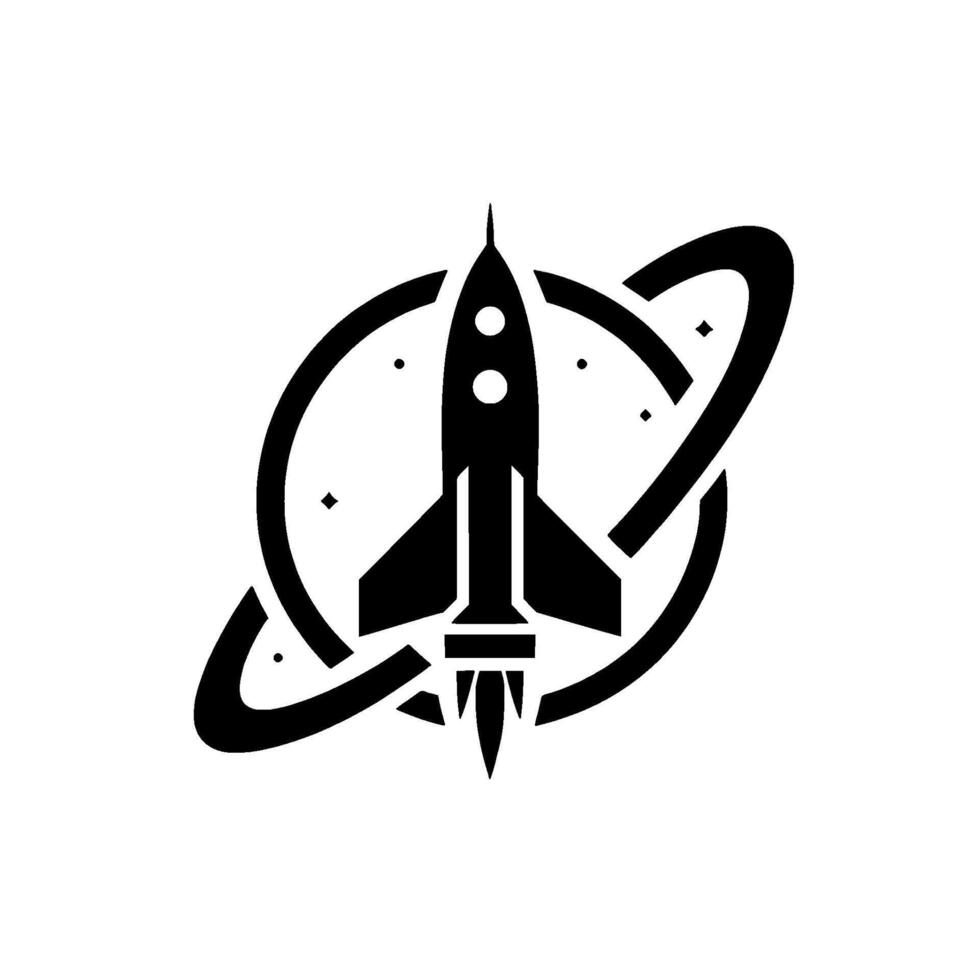 Bold Black and White Rocketship with stylized planet and stars, on a pure white background, futuristic art. vector