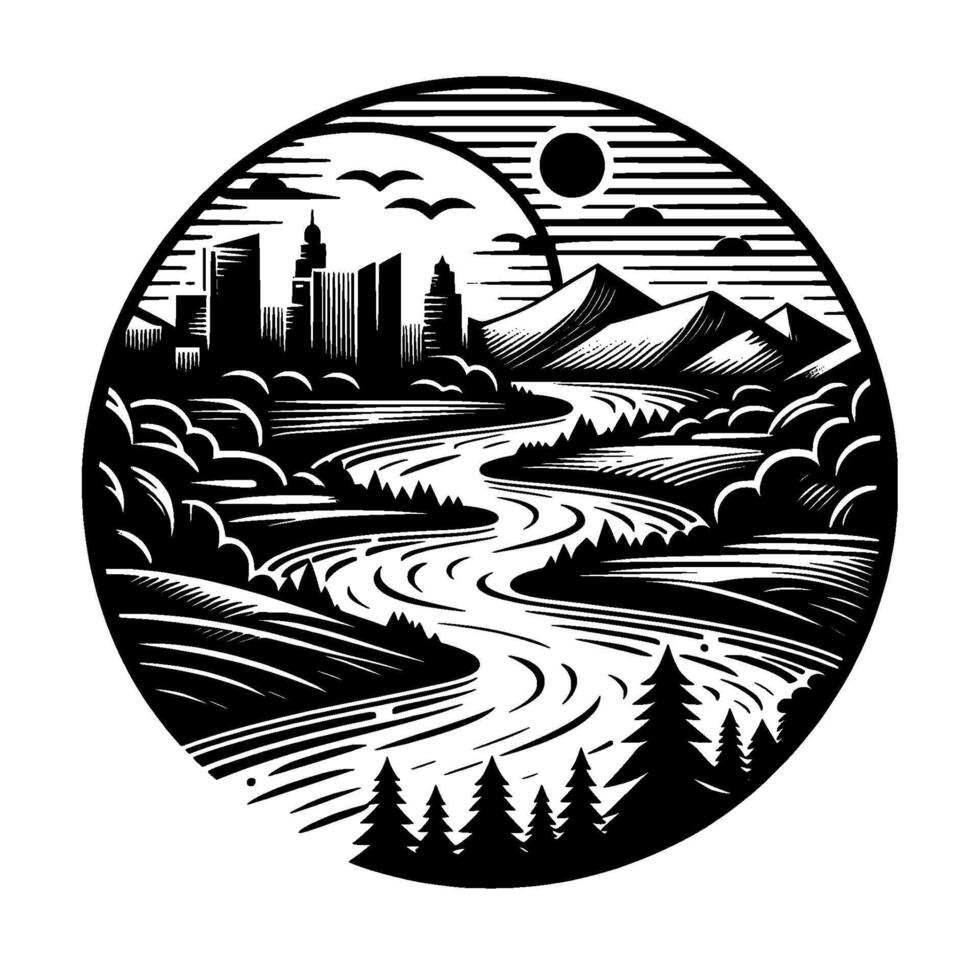 A black and white circular illustration featuring a city skyline, winding river, mountains, trees, sun, and birds, all enclosed within a bold frame. vector