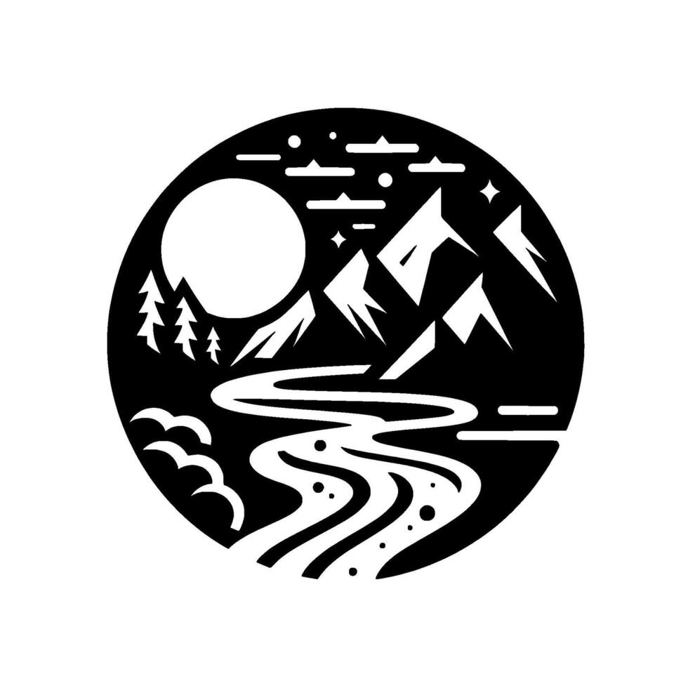 Moonlit Mountain River Scene in Black Circle Silhouette, Clouds, Trees, Birds, and Stars. vector