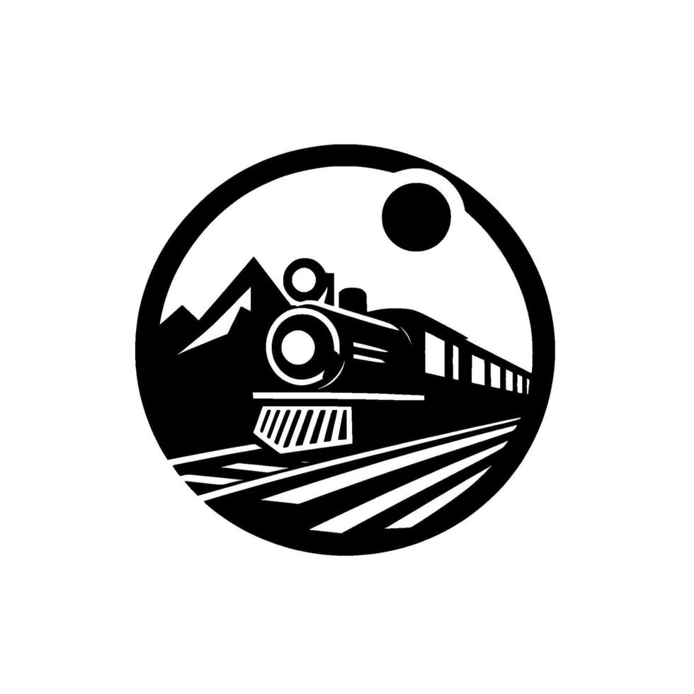 Silhouette of a vintage steam train, mountain landscape, and sun within a circular frame, in a classic black and white . vector