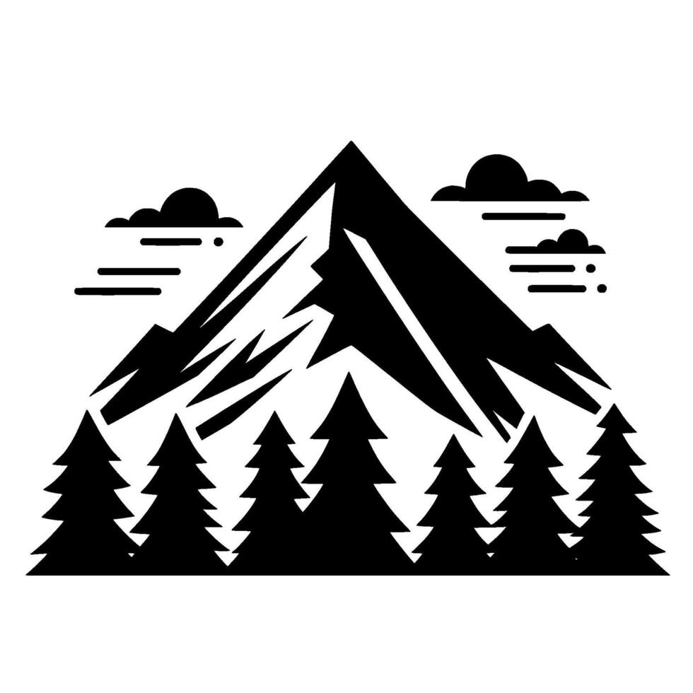 Mountain Landscape Black and White minimalist illustration of a mountain range with pine trees and stylized clouds, evoking natures tranquility. vector