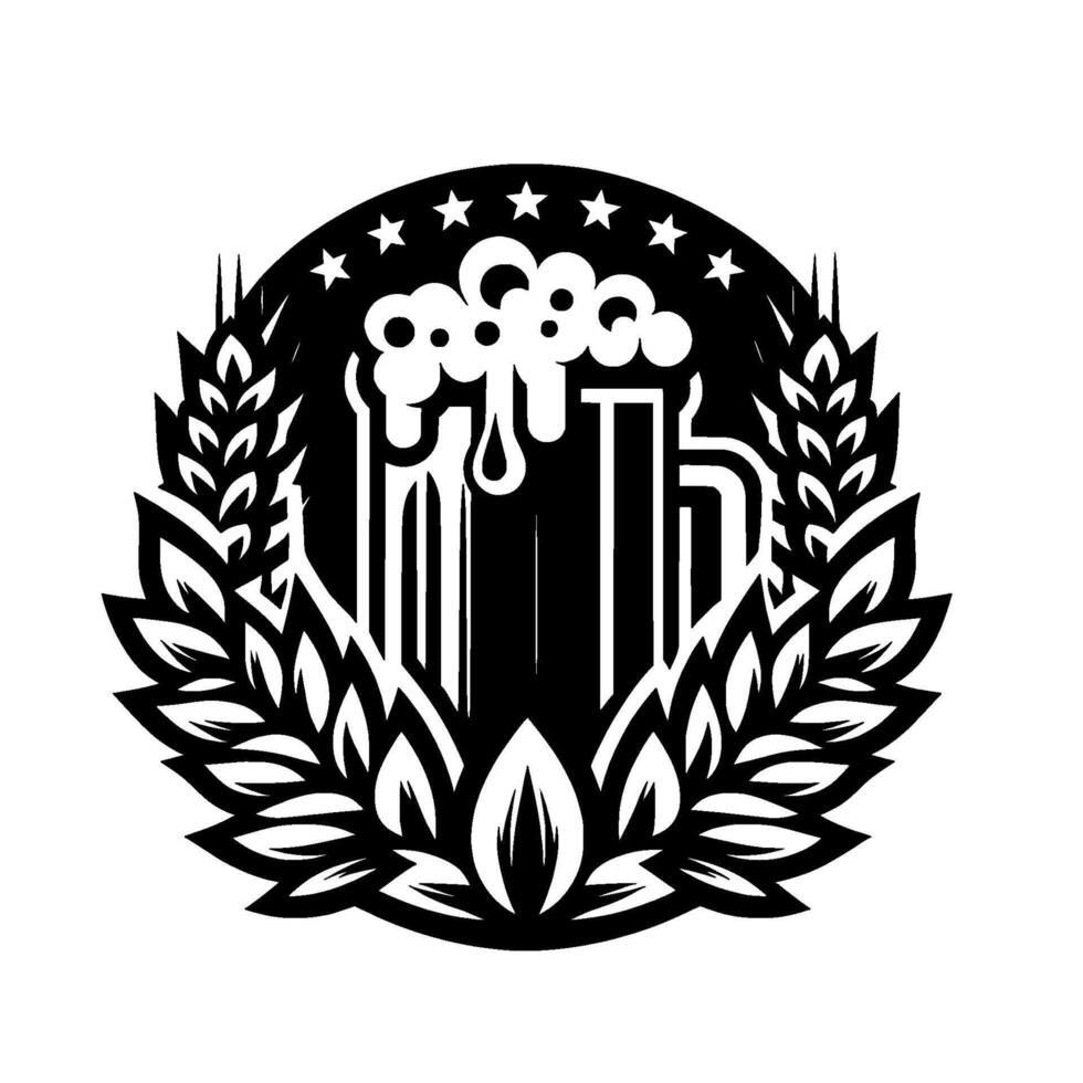Black and White Beer Mug with Foam, surrounded by Wheat and Leaves, Stars on Top in a Circular Badge. vector