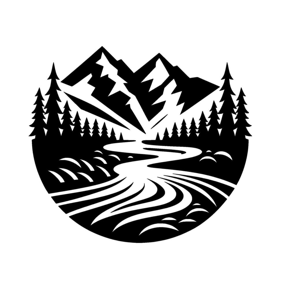 Serene Monochrome Mountain Landscape in Circle Majestic Peaks, Flowing River, Forest, Scenic Composition. vector