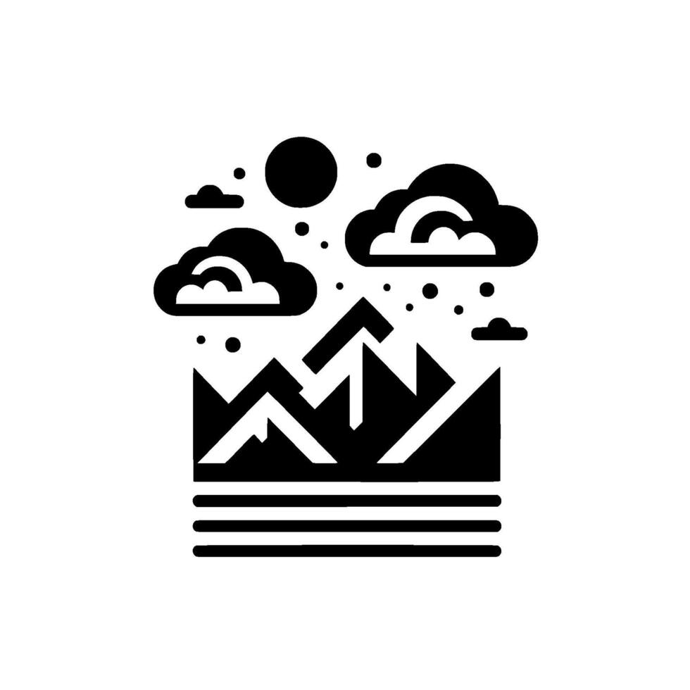 Minimalist black and white mountain landscape with clouds, sun, and simple geometric on a white background. vector