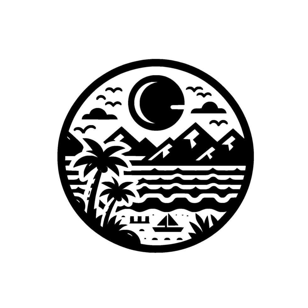 Black and white circular illustration of a serene tropical island scene with palm trees, mountains, ocean, sailboat, sun, and birds. vector