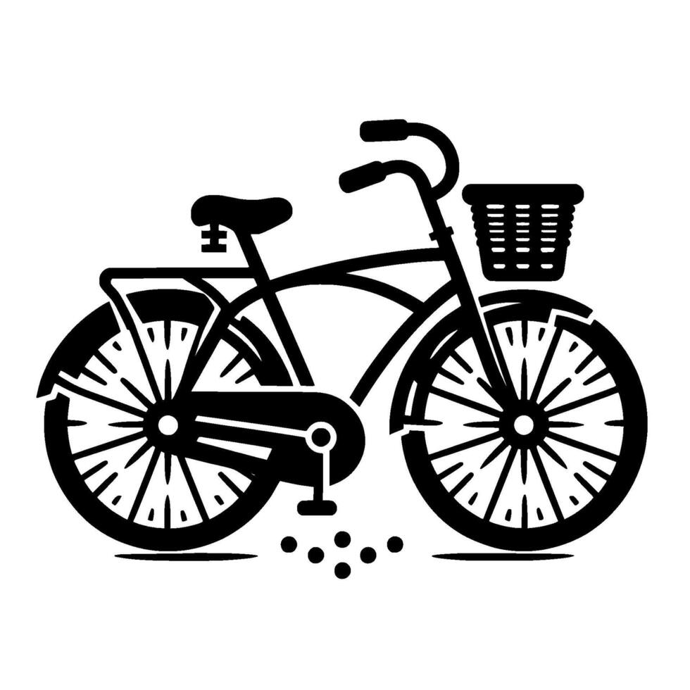 Black and White Bicycle Illustration Vintage Style Cruiser Bike with Basket, Artistic , Isolated vector
