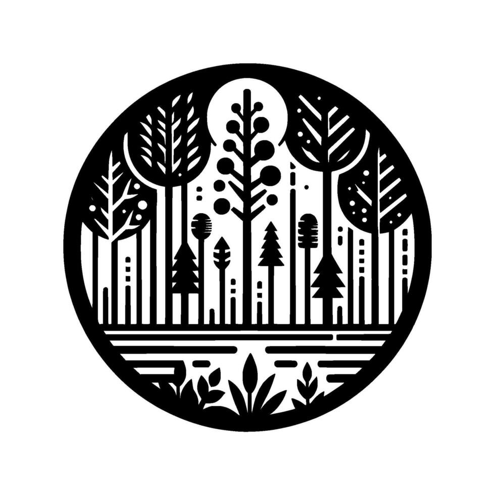 Stylized Black and White Forest Scene in a Circle, Featuring Trees, Plants, and a Moon, Geometric Composition. vector