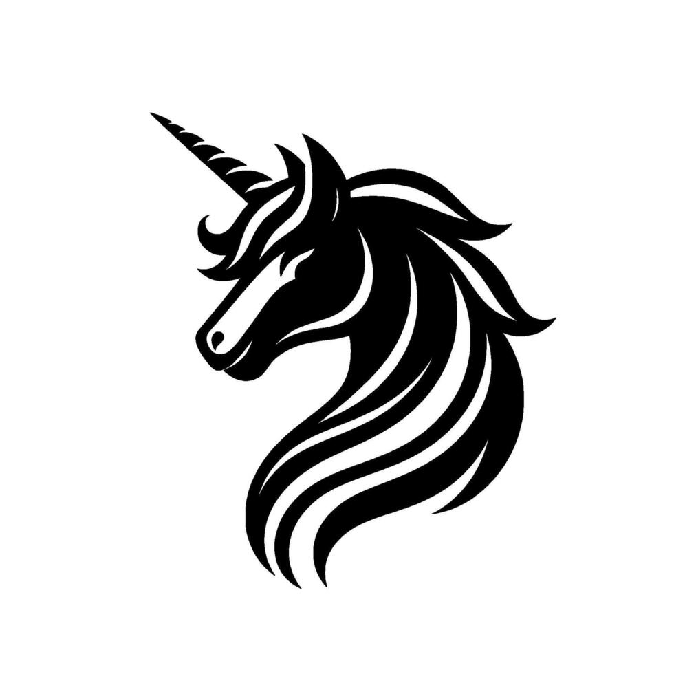 A stylized black unicorn head emblem, set against a clean white background, conveying mystique and elegance. vector