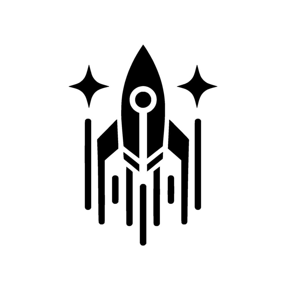 A minimalist black rocket ship , ascending into space with stylized trails and stars, set against a stark white background. vector