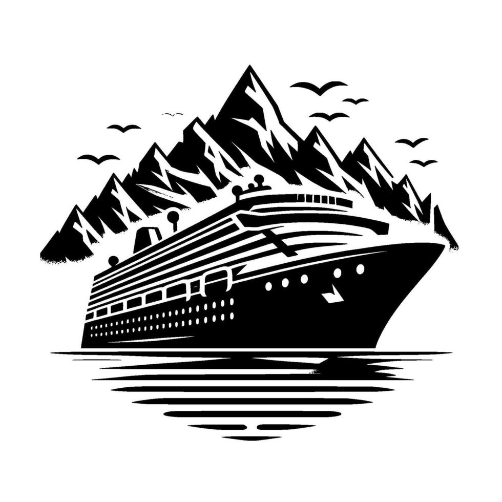 Black and white stylized illustration of a cruise ship sailing on water, set against jagged mountains and birds in a simple and elegant style. vector