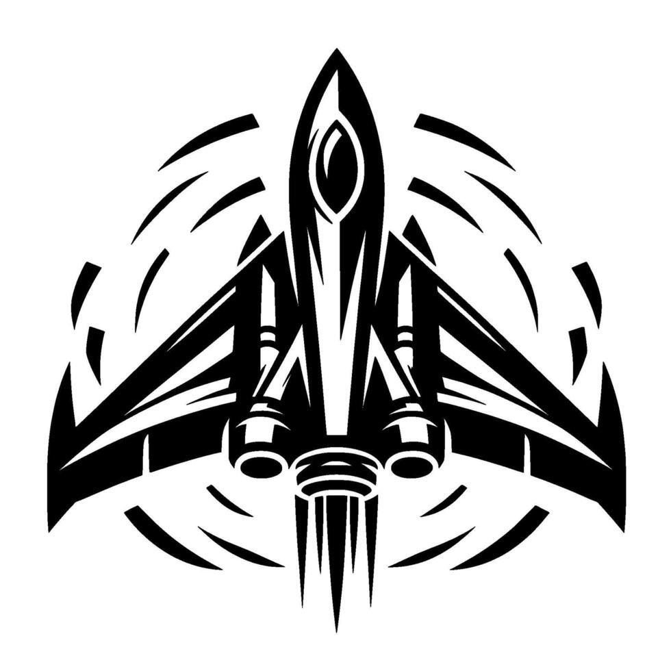 Black and White Illustration of a Futuristic Jet Fighter with Propulsion, Surrounded by Speed Lines, Against White Background. vector