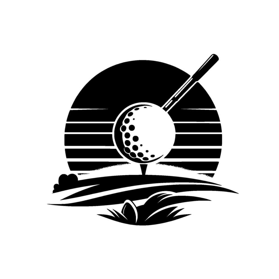A minimalist black and white golf featuring a teeplaced ball, club, and a sunsetlike background, capturing a dynamic, sporty feel. vector
