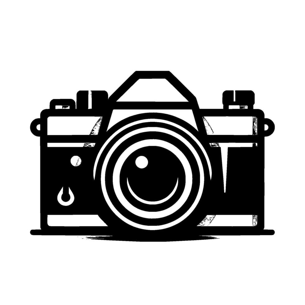 Bold, stylized black and white illustration of a classic camera with a prominently featured lens, set against a textured white background. vector