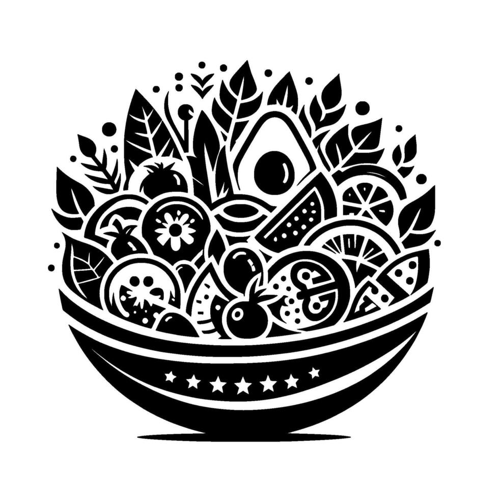 Stylized Black White Abundant Salad Bowl with Fruits, Vegetables, Avocado Leaves, Illustration. vector