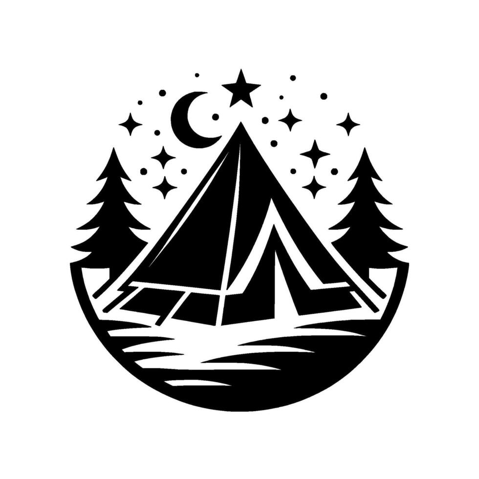 Serene Black and White Camping Scene Tent under a Crescent Moon and Stars, framed by Pine Trees and the Silhouette of Water. vector