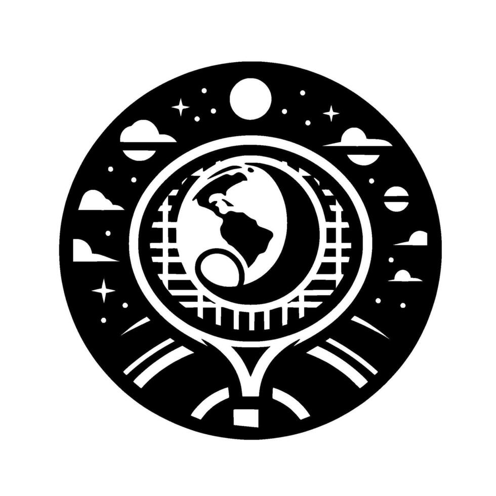 Minimalist Black and White Earth Emblem Featuring Globe in a Tennis Racquet Amidst Stars, Moon, and Clouds. vector