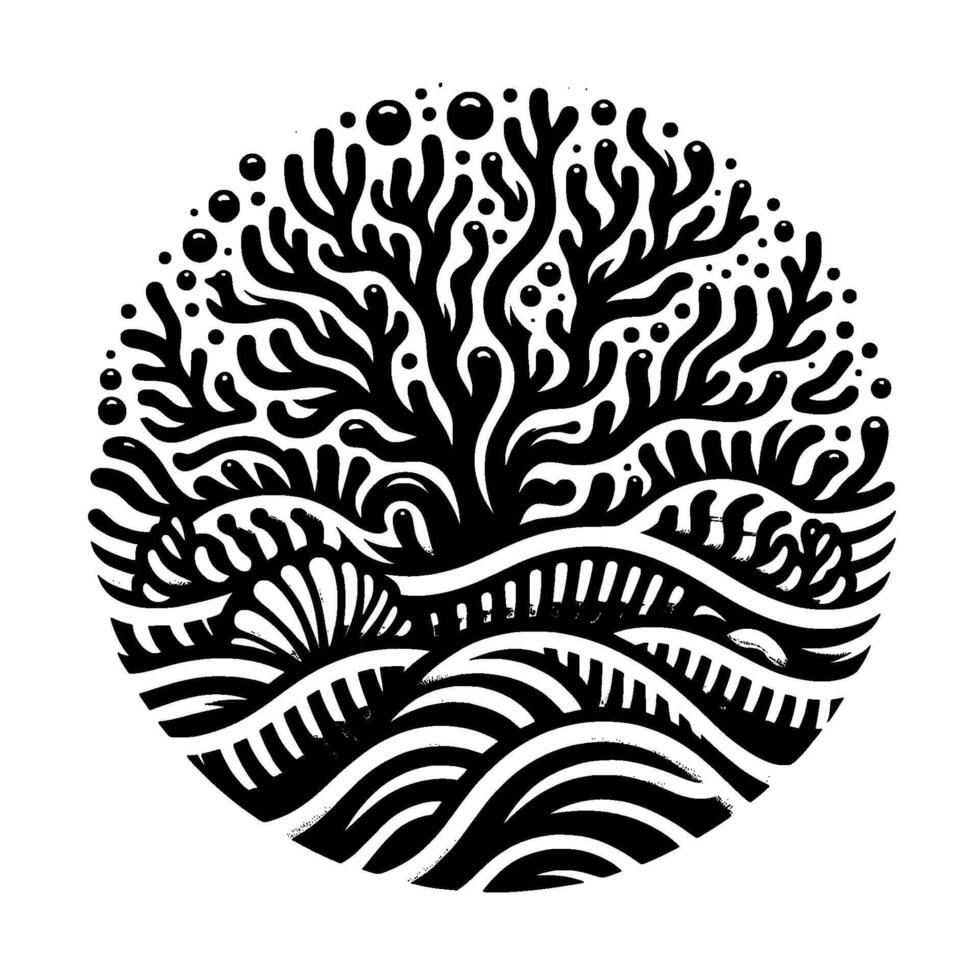 Black and white circular of stylized ocean scene featuring coral, waves, bubbles, and seashells, creating a calming, composition. vector