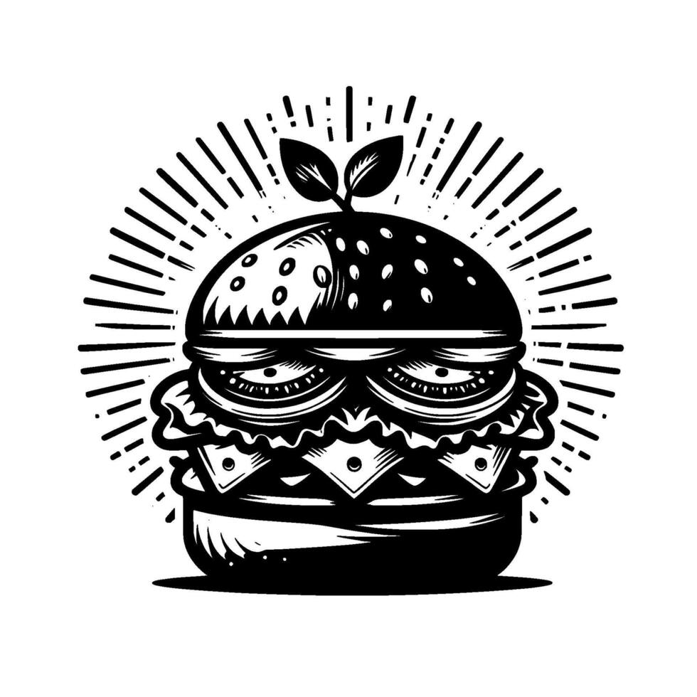 Bold Black and White Burger Illustration with Leafy Crown, Radiating Burst, Detailed Features, and a Unique, Artistic Style. vector