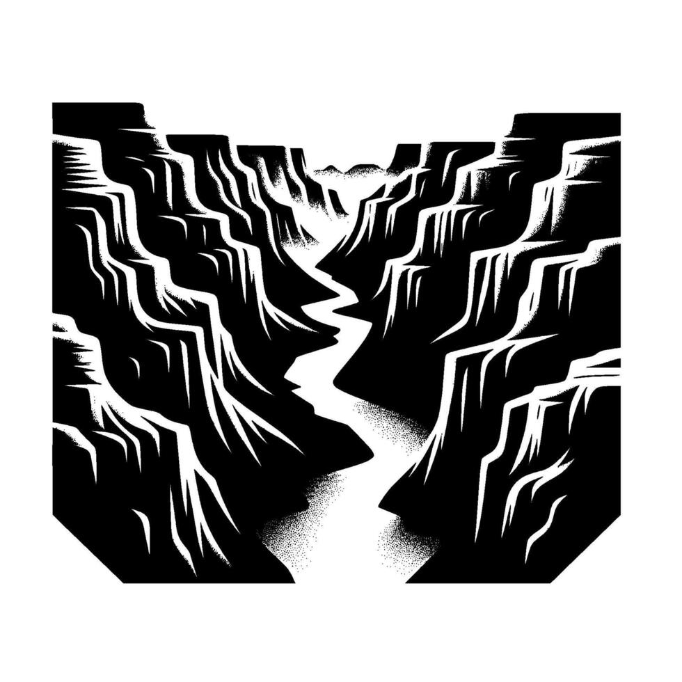 A stark, stylized black and white illustration of a majestic canyon, with river, showcasing textural contrast and dynamic landscape. vector