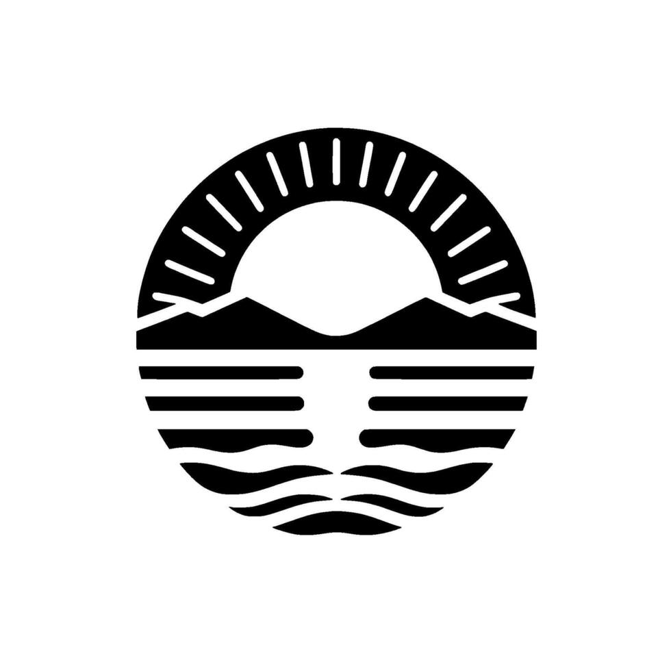 Black and white circular featuring a stylized sunrise over mountains, reflected in a body of water, suggesting tranquility and nature. vector