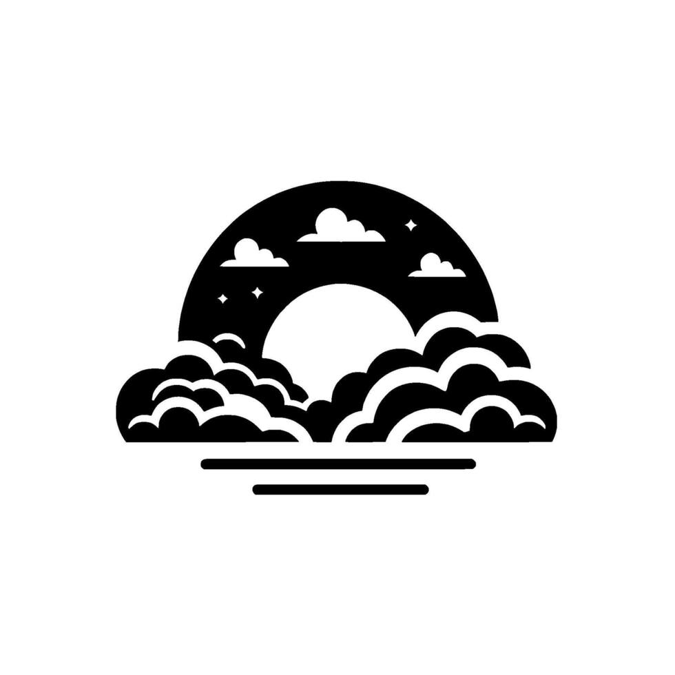 Minimalist Black and White Illustration of Sun Setting Over Clouds and Horizon, Featuring Stars. vector