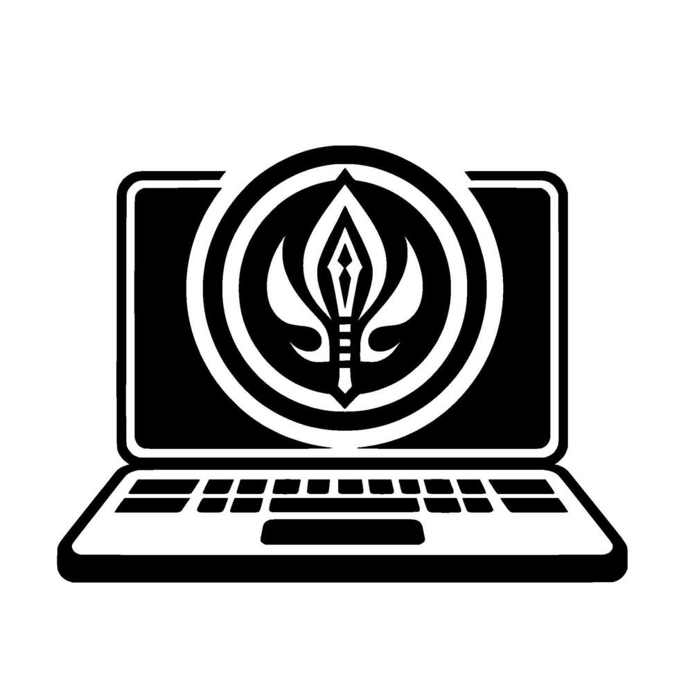 Black and White Laptop Displaying a Circular Emblem with Stylized Flame and Sword, on a Plain White Background. vector