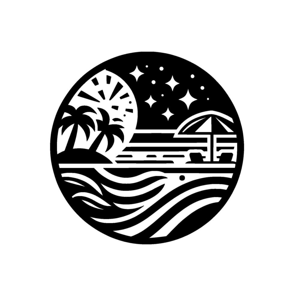 Black and White Circular Beach Scene with Palm Trees, Sun, Stars, Waves, Umbrella, and Lounge Chairs, split day and night. vector