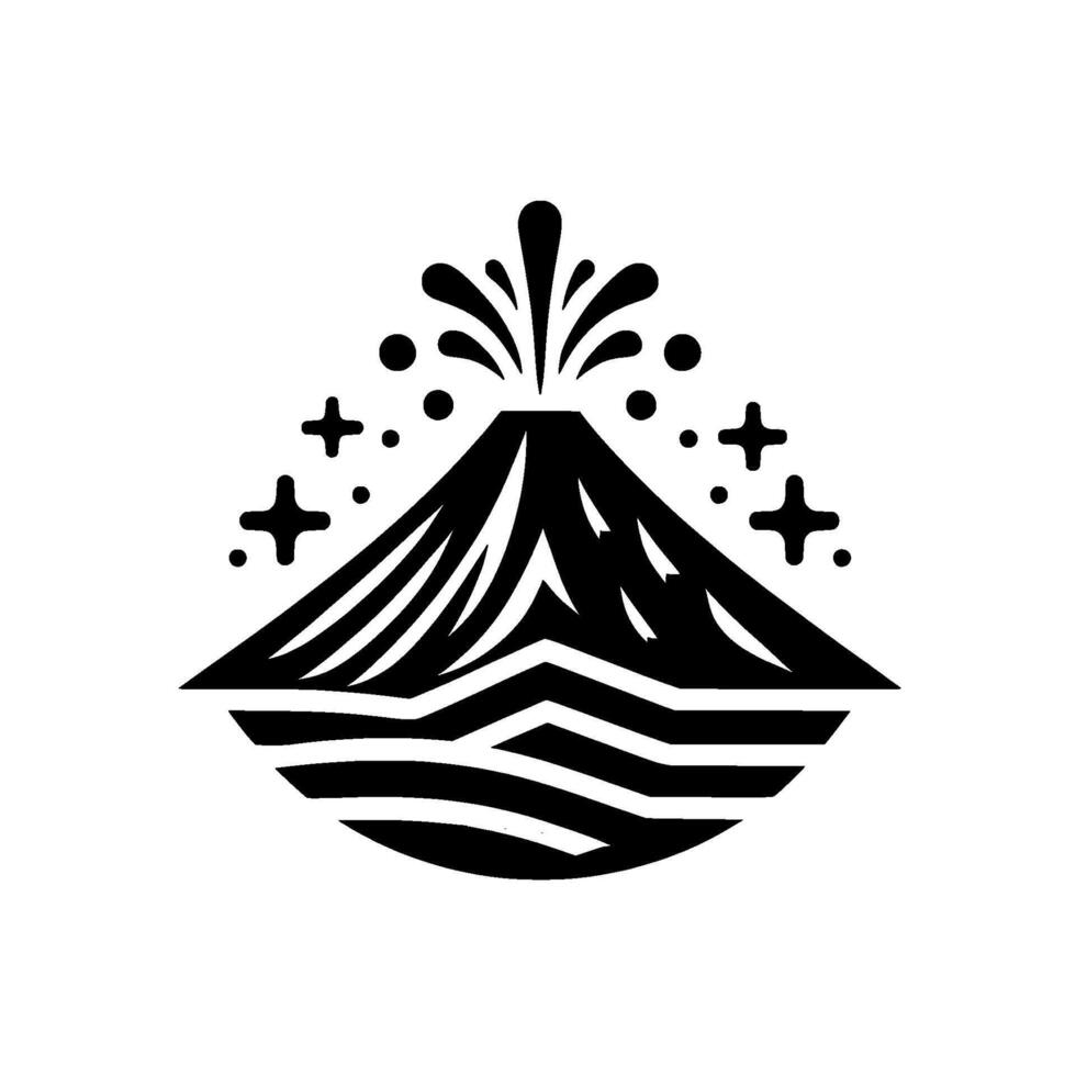 Black White Volcano erupting with water, surrounded by stylized stars and circles, sitting on waves. Minimalist . vector