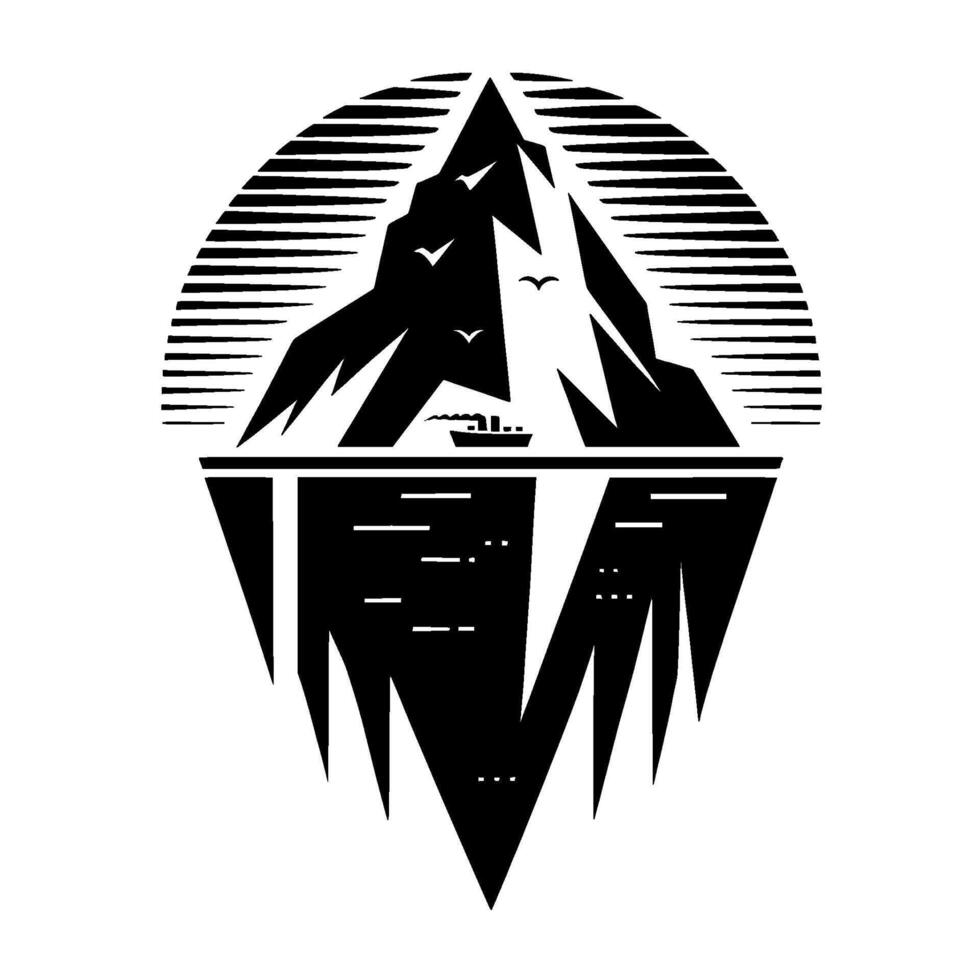 A Stylized Black and White Illustration of a Mountain, Sea, and Iceberg Scene with a Boat and Flying Birds. vector