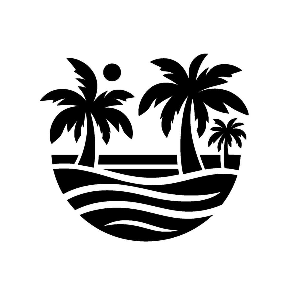 Black and white minimalist depicting a tropical beach scene with palm trees, sun, waves, and a stylized, circular . vector