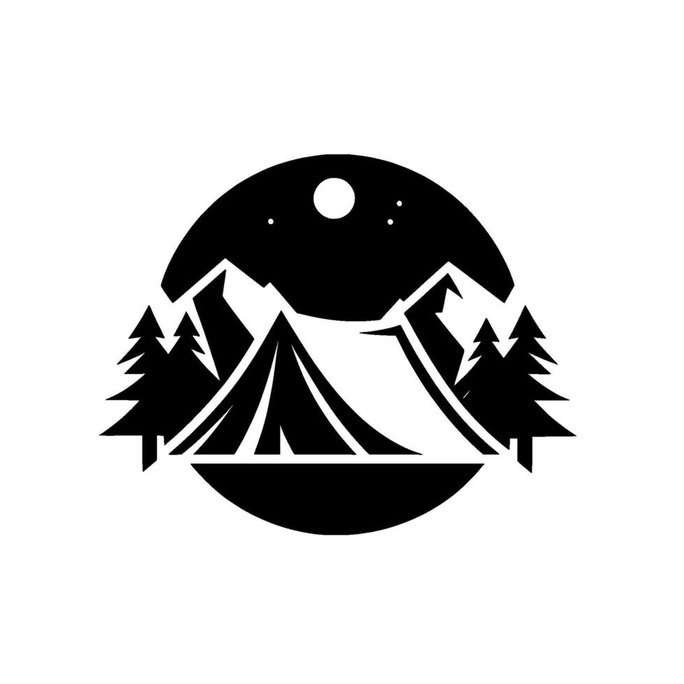 Minimalist black and white camping featuring a tent nestled between stylized mountains and pine trees under a night sky. vector