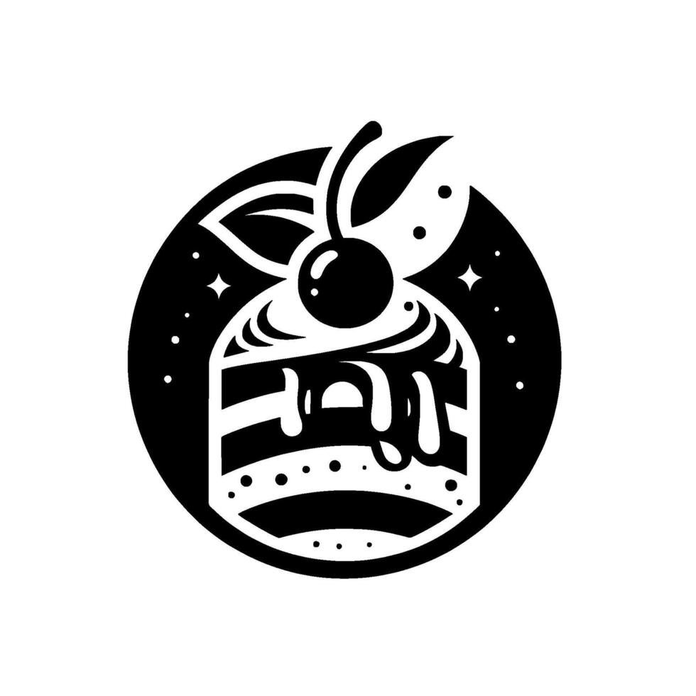 Stylized black and white illustration of a cake slice with cherry and leaves, in a circular emblem with stars. vector