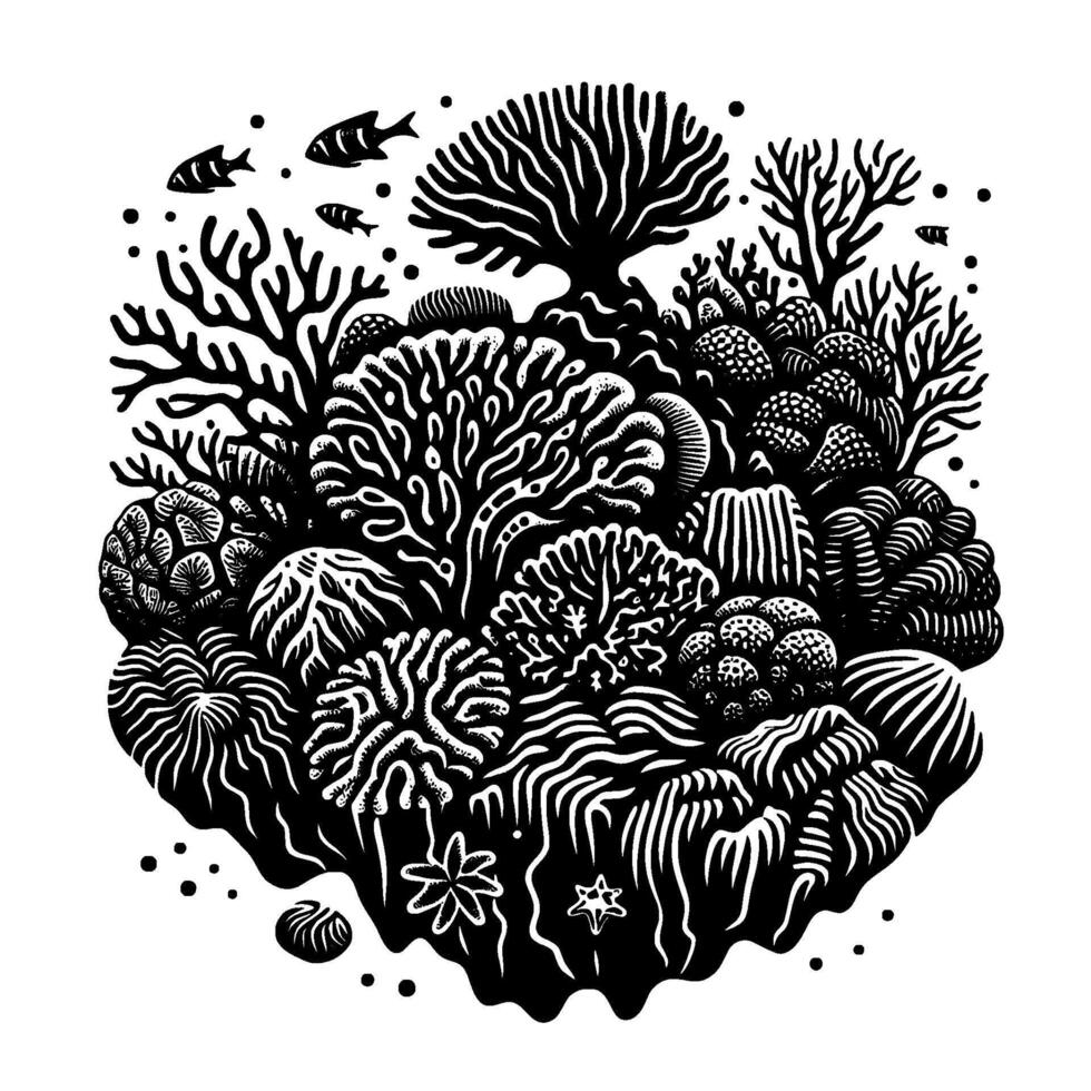 Intricate Black and White Illustration of a Thriving Coral Reef Ecosystem with Stylized Fish and Marine Life. vector