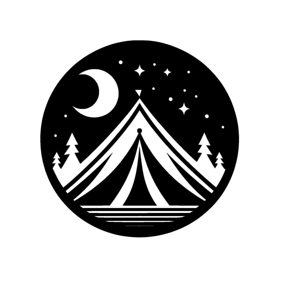 Nighttime Camping Scene A Tent Under a Crescent Moon and Stars in a Black Circle, Minimalist Style vector