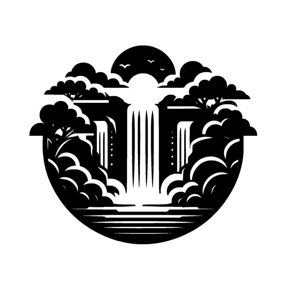 Black and White Art Deco of a Tranquil Waterfall Landscape with Trees, Clouds, and Birds, within a Circle. vector