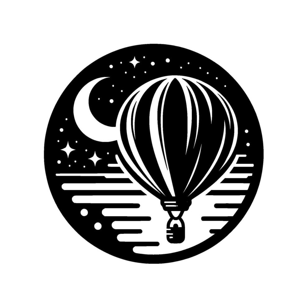 Minimalist Black and White Circular A Hot Air Balloon Ascending Under a Crescent Moon and Stars over a Horizon. vector