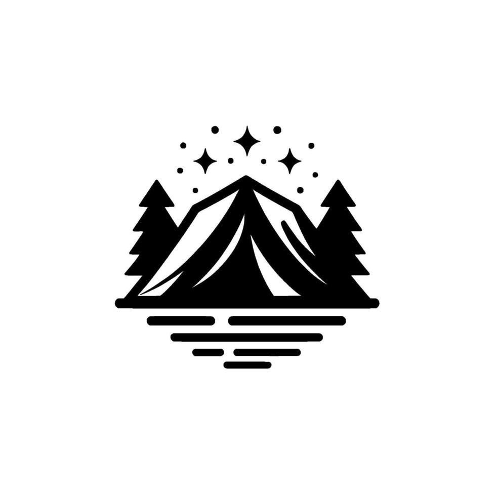 Black and white minimalist camping with tent, pine trees, stars, and reflective water, evoking adventure and nature. vector