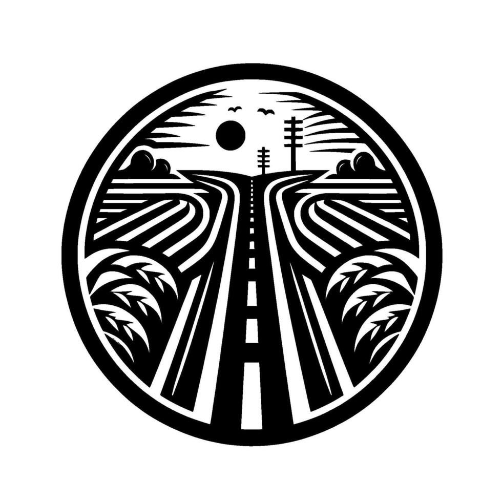 Minimalist black and white circular illustration of a rural landscape, road receding into the distance, fields and sky. vector