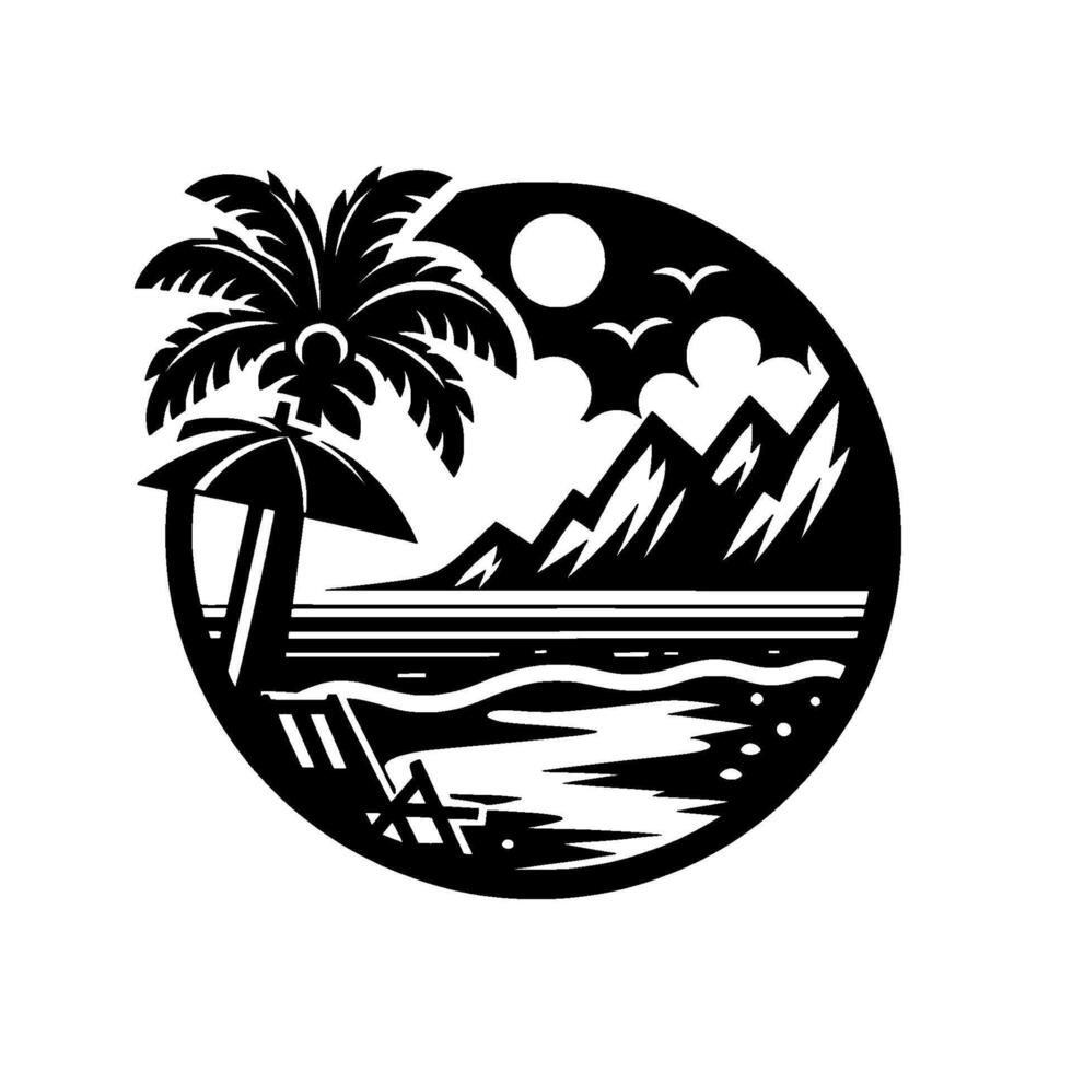 A stylized, circular black and white illustration depicting a tropical beach scene with palm tree, umbrella, chair, mountains, sun, clouds, and birds. vector