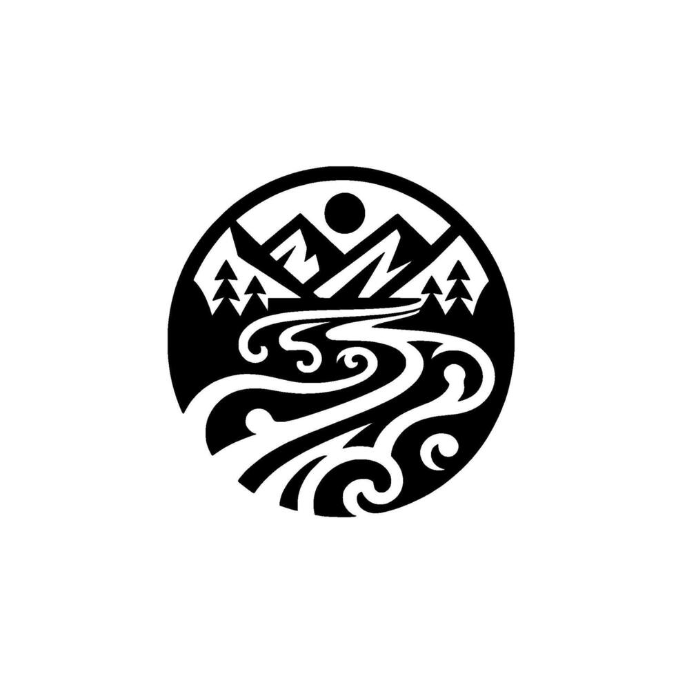 Symbolic Black and White Circular Mountains, River, Sun, Trees, and Swirls, Representing Natures Beauty and Serenity. vector