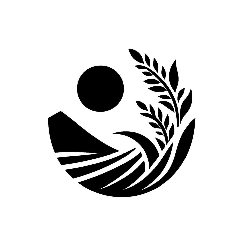 Minimalist black and white circular showcasing a landscape with sun, mountains, and wheat, embodying natural beauty and agriculture. vector